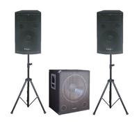 Ibiza cube1512 - Set di amplificazione con 2 altoparlanti passivi di 30 cm, Subwoofer attivo di 38 cm e supporto (equalizzatore a 2 bande, biamplifiazione)
