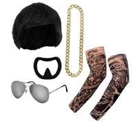 Ibiza Final Boss Costume - Set di accessori per rave, parrucca nera con taglio a ciotola, pizzetto, catena dorata, tatuaggi finti e sfumature - Kit divertente per feste e feste - Taglia unica per