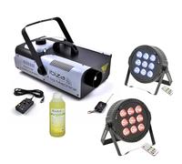 Ibiza Light - Pacchetto Luce Macchina per Fumo Ibiza LSM1500PRO - 2 Proiettori DMX THINPAR-9X6W-RGBW - Liquido per Fumo - Animazione Matrimonio Serata