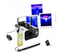 Ibiza - Pack macchina affumicata professionale 1000W BoomToneDJ F1000PRO 2 telecomandi - Multipresa a 8 vie - Liquido fumo 1L - Compleanno