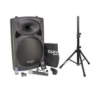 Ibiza PORT15VHF-BT + Supporto dell'altoparlante porta Impianto audio portatile cassa attiva (800 Watt, ingressi USB SD MP3 con funzione recording, 2 microfoni, batteria integrata, telecomando), nero