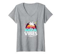 Ibiza Vibes Retro Party in Paradiso Tropicale Maglietta con Collo a V, Donna, Grigio Melange, L