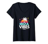 Ibiza Vibes Retro Party in Paradiso Tropicale Maglietta con Collo a V, Donna, Nero, L