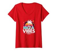 Ibiza Vibes Retro Party in Paradiso Tropicale Maglietta con Collo a V, Donna, Rosso, L