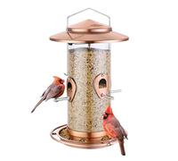 iBorn Mangiatoia per uccelli in metallo da appendere all'esterno, mangiatoie per uccelli selvatici per cardinali, 18 cm, grande tetto e vassoio in rame spazzolato, 10 porte (semi non inclusi)