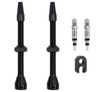 IBRIQO® Kit di valvole tubeless 80 mm per biciclette MTB e strada, Nero Alluminio, Compatibile con schiume e liquidi Tubeless, Set di 2 valvole + 2 nuclei + 1 chiave smonta-nuclei