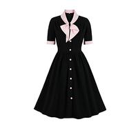 IBTOM CASTLE Abito da donna vintage anni '40, a maniche corte, linea ad A, abito da cocktail, svasato, retrò, con fiocco, con cintura, per matrimoni, ospiti, estate, vacanze, tea party, Nero e rosa