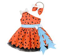 IBTOM CASTLE Bam Bam Costume per Bambinie - Bambini Costume da Caveman Uomo delle caverne in maschera Halloween Carnevale Festa di compleanno Servizio fotografico Outfit Arancio-Abito 5-6 Anni