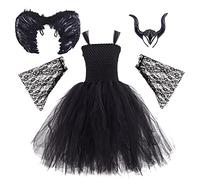 IBTOM CASTLE Malefica Ragazze Costume Strega Nera Halloween Gioco di Ruolo Abiti Vestiti con Fascia in Corno Mantello Fiaba Principessa Carnevale Natale Cospaly Abiti per Festa Nero 2 anni