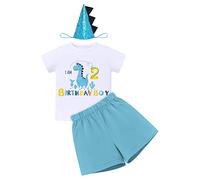 IBTOM CASTLE Set di vestiti estivi per bambini con dinosauri, 1° 2° 3° compleanno e maglietta a maniche corte + pantaloncini + fascia per capelli, Azzurro- I AM 2, 2 Años