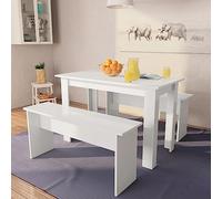 IBUQDDV 3 pezzi Tavolo e panche in legno bianco con bordi in PVC, durevole e stabile per sala da pranzo, facile da montare e pulire, accessori di montaggio inclusi,