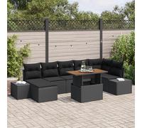 IBUQDDV 8 pezzi Tavolo da pranzo da giardino con cuscino in polyrattan nero e acacia per terrazzo ed esterni, resistente alle intemperie, con vano portaoggetti e divano ad angolo, contemporaneo