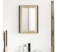 IBUQDDV Armadio a specchio montato a parete in rovere naturale con 3 scomparti, cornice nera opaca, per bagno, box doccia, truciolato di alta qualità e vetro impermeabile