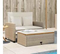 IBUQDDV Divano da giardino a 2 posti, beige con cuscino in polyrattan e legno di acacia, regolabile per divano letto con sgabello integrato e vano portaoggetti, mobili per esterni resistenti alle