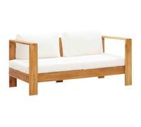 IBUQDDV Divano da giardino con cuscino, 140 cm, in legno massiccio di acacia, bianco crema, 2 posti, per terrazze, balconi, con cuscino imbottito per esterni, Relax Comfort