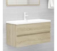 IBUQDDV Mobile sottolavabo con vasca da incasso in rovere Sonoma, materiale in legno e bacino in ceramica, con rubinetto e scarico push-open con troppopieno per bagno