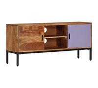 IBUQDDV Mobile TV marrone miele e grigio 110 x 30 x 50 cm legno massello di acacia con 2 armadi e 2 scomparti per dispositivi multimediali e libri, fascino vintage, durevole, gestione dei cavi,