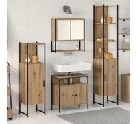 IBUQDDV Set Bagno 4 Pezzi con Armadio Alto, Unità Appendere, Mobile Sotto Lavabo e Mensola Aperta in Rovere e Metallo per Interni - Soluzione Stoccaggio Moderna ed Elegante per Spazi