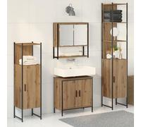 IBUQDDV Set Bagno 4 Pezzi con Specchio e Mobiletto Truciolare Sintetico Beige Finitura Opaca - Scaffalatura Alta e Torre di Stoccaggio per Interni, Design Moderno con Struttura