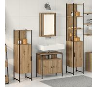 IBUQDDV Set Bagno 4 Pezzi in Legno Ingegnerizzato con Specchio e Vanity, Mobili da Bagno Moderni Artigianali in Finitura Rovere e Nero, Struttura Metallica Robusta per Ampio Spazio