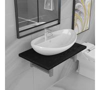 IBUQDDV Set Bagno Moderno con Mensola a Parete e Lavabo Ovale in Ceramica, Arredamento per Bagno e Lavatoio, Mensola da Parete in Legno Multistrato e Metallo Nero, Lavabo Bianco