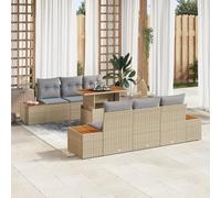 IBUQDDV Set da 7 pezzi da giardino con cuscino beige in robusto rattan sintetico e acacacia, set di mobili da esterno resistente alle intemperie, con spazio per sei persone, comodi mobili relax