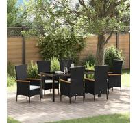 IBUQDDV Set da 7 pezzi da giardino con cuscino in rattan sintetico nero e panna, per sei persone, con sedie con braccioli in legno per terrazza, patio