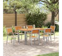 IBUQDDV Set da 7 pezzi per sala da pranzo da giardino in legno massiccio di acacia e metallo, robusto mobili da esterno per sei persone con telaio grigio, set da giardino resistente alle intemperie