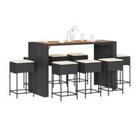 IBUQDDV Set da 9 pezzi da giardino con cuscini in polyrattan nero, composto da poltrone con rivestimento sfoderabile spesso imbottito e un tavolo con piano in legno di acacia, verniciato a polvere