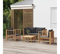 IBUQDDV Set da giardino in bambù, 5 pezzi, con cuscini grigio scuro, divano modulare con braccioli e schienale, tavolo per cibi e bevande, set da esterni per terrazza