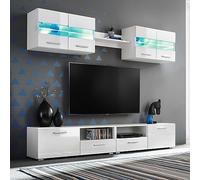 IBUQDDV Set da parete TV con luci a LED in bianco lucido, composto da 2 pensili, 1 ripiano per display e una TV da 2 armadi, con ripiani in vetro