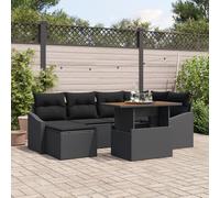 IBUQDDV Set da pranzo da giardino da 7 pezzi con cuscino nero in polyrattan e legno di acacia per 6 persone con design resistente ai raggi UV e spazio intelligente per terrazza ed esterni