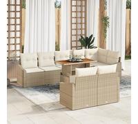IBUQDDV Set da pranzo da giardino da 9 pezzi con cuscino, beige, polyrattan, in acacacia, per 8 persone, questo divano e set da pranzo a quattro posti in beige offre una spaziosa
