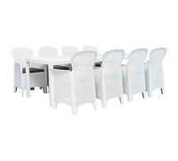 IBUQDDV Set da pranzo da giardino in plastica bianca effetto rattan, 9 pezzi, con 1 tavolo, 8 sedie e 8 cuscini, resistente alle intemperie, facile da pulire e montare, max 110 kg per seduta