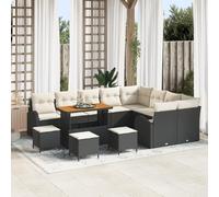 IBUQDDV Set di 13 divani da giardino con cuscino in rattan sintetico nero e telaio in acacacia, resistente alle intemperie, per terrazza con coperture color crema