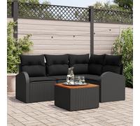 IBUQDDV Set di 5 divani da giardino con cuscino in rattan sintetico nero e acacacia, mobili da esterno resistente alle intemperie per terrazzo e balcone, spazioso salotto per quattro persone