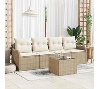 IBUQDDV Set di 5 divani da giardino con polyrattan beige e cuscini bianchi, resistenti alle intemperie e flessibili per balcone o terrazza, mobili da esterno con cuscini rimovibili e robusti