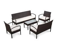 IBUQDDV Set di 5 divani in polyrattan marrone con rattan sintetico impermeabile, composto da 1 tre posti, 1 due posti, 2 divani singoli, tavolino da caffè e 4 cuscini per il giardino o la terrazza