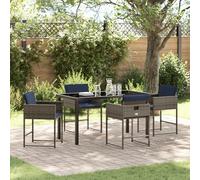 IBUQDDV Set di 5 tovagliette da pranzo da giardino con polyrattan grigio e cuscino blu navy, mobili da esterno robusti con protezione UV e comoda imbottitura, resistente alle intemperie