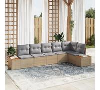 IBUQDDV Set di 6 divani da giardino con cuscino, beige, polyrattan, in acacacia, ad angolo, per terrazza, resistente alle intemperie, design modulare, comodo set di sedute per sei persone