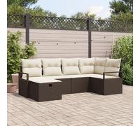 IBUQDDV Set di 6 divani da giardino con cuscino in polyrattan marrone e rivestimenti bianchi panna, mobili modulari per esterni per cinque persone, resistente alle intemperie, set lounge regolabile