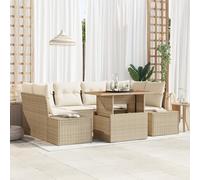 IBUQDDV Set di 7 pezzi da giardino con cuscino beige in rattan sintetico e acacacia, mobili da esterno resistenti alle intemperie, con spazio per sei persone, comoda imbottitura e facile da pulire