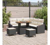 IBUQDDV Set di 8 divani da giardino con cuscini color crema, in rattan sintetico nero e acacia per terrazza e balcone, mobili da esterno con comodi posti a sedere e robusti