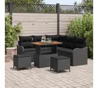 IBUQDDV Set di 8 divani da giardino con cuscino nero in polyrattan acacacia, design modulare e piedini regolabili per una disposizione flessibile, materiali resistenti ai raggi UV e alle intemperie,