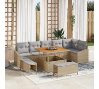 IBUQDDV Set di 9 divani da giardino con cuscino, beige e rattan di acacia, a tre posti, in rattan resistente ai raggi UV, per terrazza e balcone, colore: beige e grigio chiaro