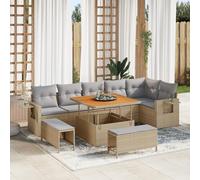 IBUQDDV Set di 9 divani da giardino con cuscino, beige, polyrattan, in acacacia, modulare, resistente alle intemperie, questo grande set di divani da giardino modulare in beige unisce uno stile