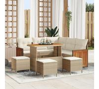IBUQDDV Set di 9 divani da giardino con cuscino, beige, polyrattan, in acacacia, per balcone e terrazza, resistente ai raggi UV, con imbottitura resistente alle intemperie, comodo per cinque persone,