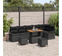 IBUQDDV Set di 9 divani da giardino con cuscino, colore nero, in polyrattan, in acacacia, 4 posti, per esterni, con divano a tre posti e tavolino da caffè, resistente ai raggi UV, per balcone