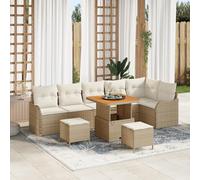 IBUQDDV Set di 9 divani da giardino con cuscino resistente alle intemperie beige poly rattan acacia per terrazze balconi, 6 posti, design moderno, durevole e confortevole, facile da montare