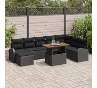 IBUQDDV Set di 9 tovagliette da pranzo da giardino con cuscino in polyrattan e acacia nero per terrazza e balcone, resistente alle intemperie, con spazio di archiviazione e telaio in acciaio per 8